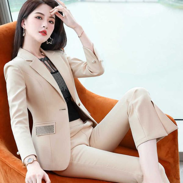 

autumn and winter women's pants suits two-piece suit slim ladies jacket fashion trousers business wear female 210527, White;black
