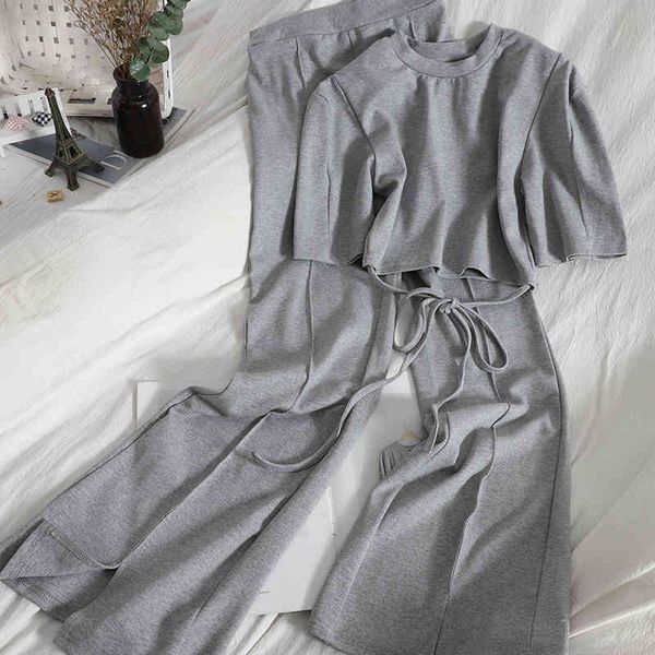 

summer casual o neck short sleeve t-shirt lace-up with trousers split micro-flared pants casual two-piece female trendy 210420, White