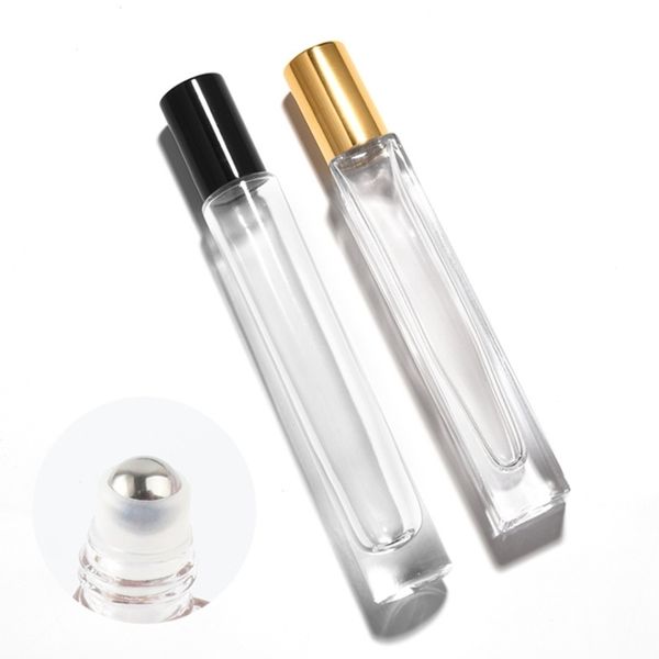 

500pcs gold silver black circle & square 10ml luxury thick transparent glass perfume bottle refillable roller on oil bottles