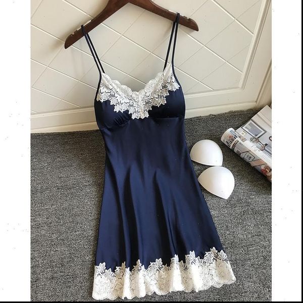 

silk satin lingerie women sleepwear v neck sling lace nightdress nightgown solid babydoll night dress, Black;red