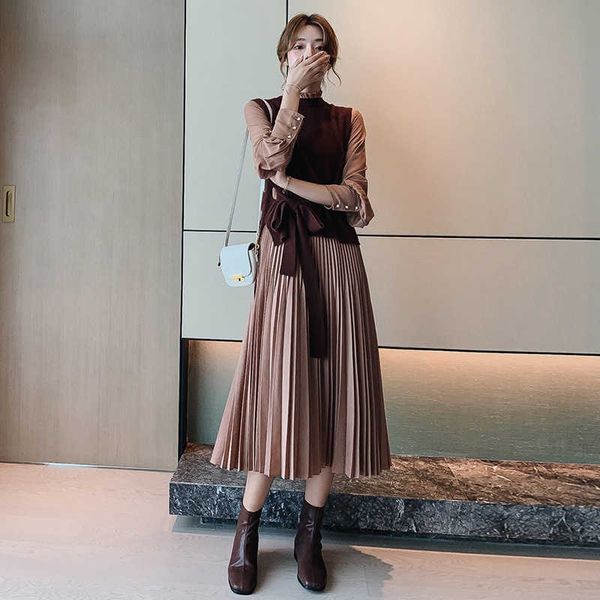 

drs 2021 spring and autumn two-piece women's suit sleeve waist closing thin temperament long pleated skirt, Black;gray