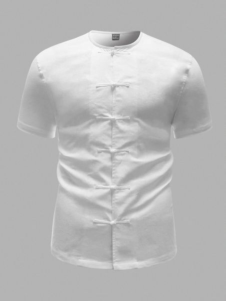 

men solid frog button front shirt d658#, White;black