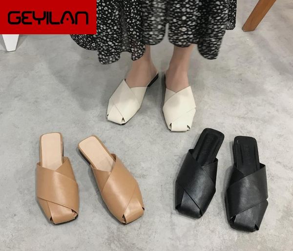 

slippers flat shoes fashion mules for women pu leather round toe slip on flip flops slipper summer sandals women's, Black
