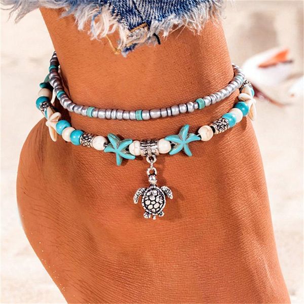 

anklets ins 2pcs/set antique shell beads starfish for women bohemian beach foot jewelry leg chain bracelets boho accessories, Red;blue