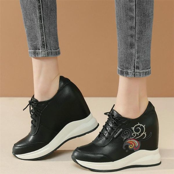 

boots embroider casual shoes women cow leather high heel ankle female round toe fashion sneakers platform wedges oxfords, Black