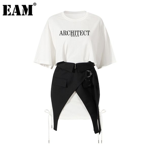 

[eam] hollow out dress printed two pieces suit round neck half sleeve black loose women fashion spring summer 1dd8669 21512, White