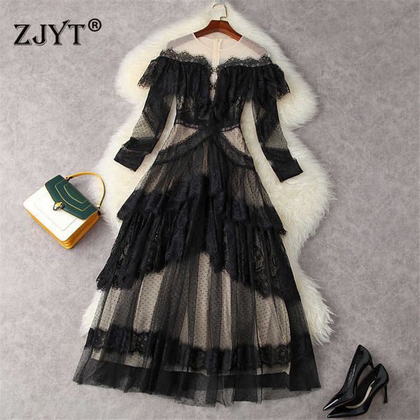 

spring autumn runway fashion ruffles lace patchwork long maxi evening party dresses for women elegant prom vestido 210601, Black;gray