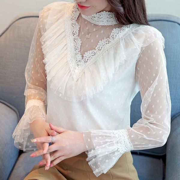 

women's blouses & shirts white lace blouse hollow out polka dot chiffon autumn women flare sleeve beaded blusas clothing