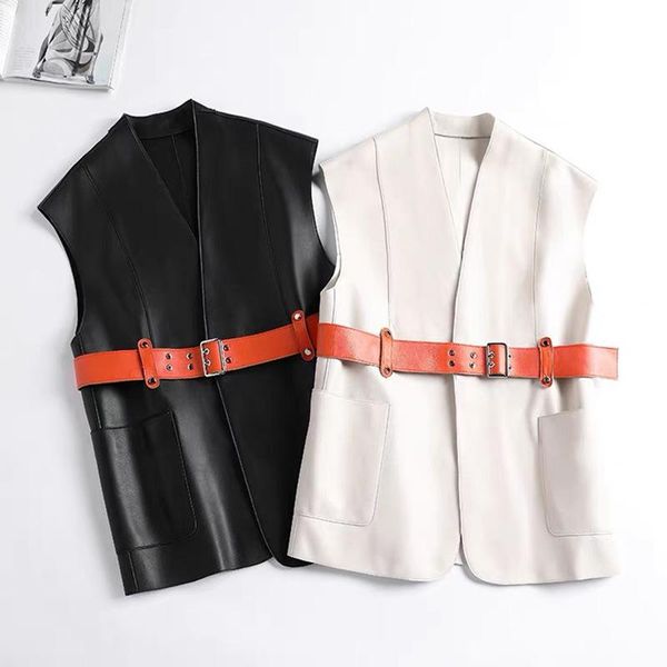 

women's vests sheepskin black white vest womens 100% leather hit color collect waist mid-length sleeveless manteau femme be