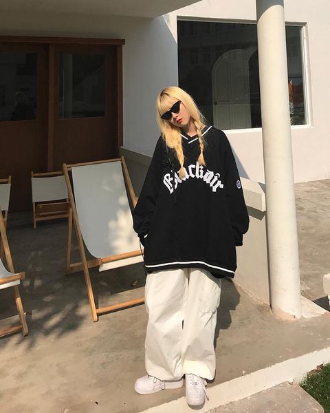

women hoodies v-neck pullover loose long-sleeves letter fashion female 2021 hit y2k ins casual all-match clothing wgwy37030, Black