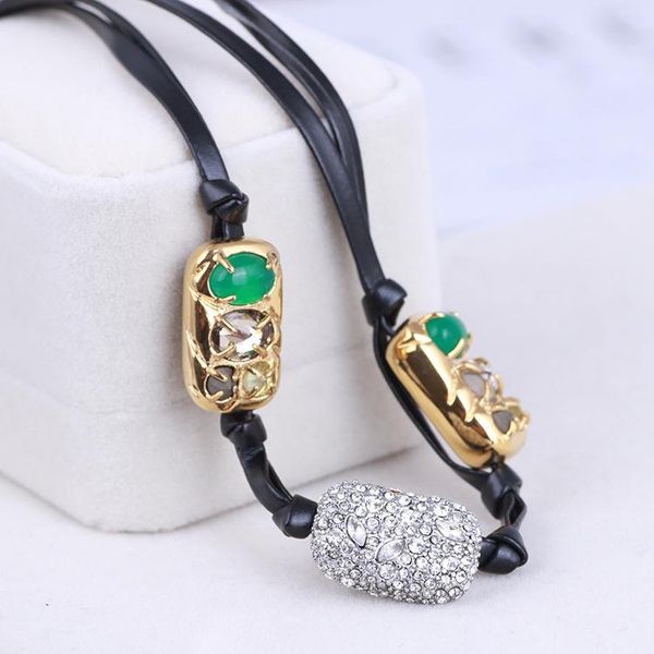 

pendant necklaces inlaid mixed gemstones full of diamonds and multiple pendants leather necklace, Silver