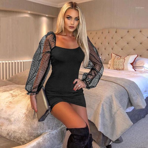

home&nest party black green bodycon mini dress square collar mesh puff sleeve spring summer women solid dresses vestidos casual, Black;gray
