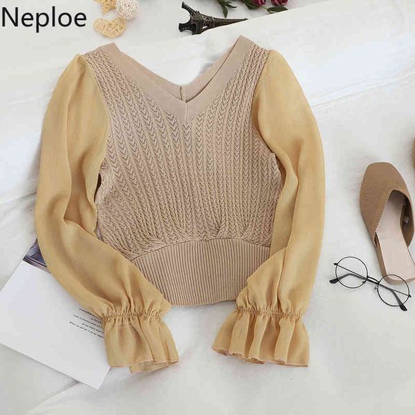

neploe fashion patchwork mesh blouse women v neck knit flare long sleeve blusas 2021 autumn spring new slim shirt elegant 47108, White