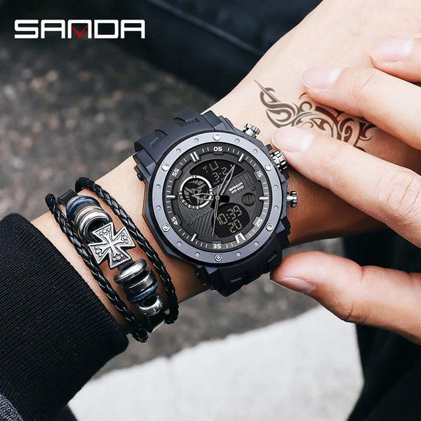 

wristwatches sanda big dial sports mens watches r led digital quartz dual display watch for men waterproof wristwatc, Slivery;brown