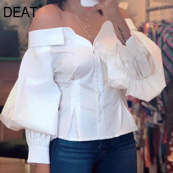 

spring streetwear long lantern sleeve slash neck white women blouse shirt me949 210525