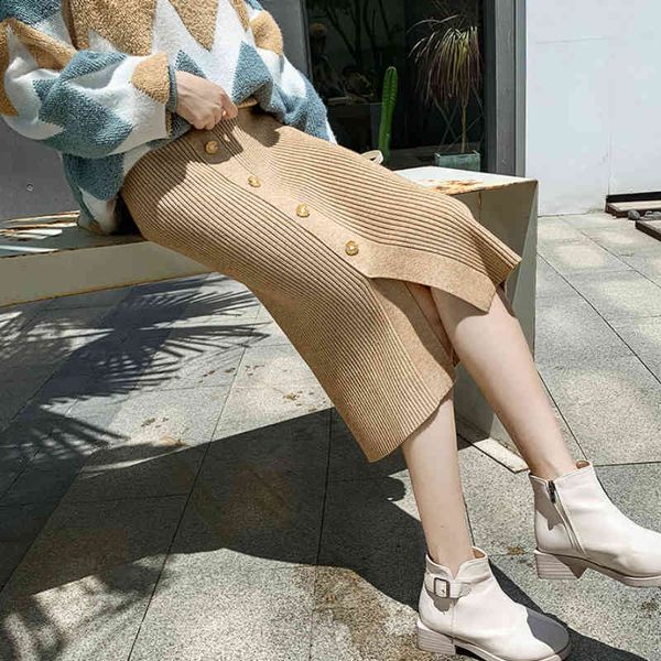 

casual dresses winter single-breasted buckle buttons split slim hip long knitted pencil skirts i7tc, Black;gray