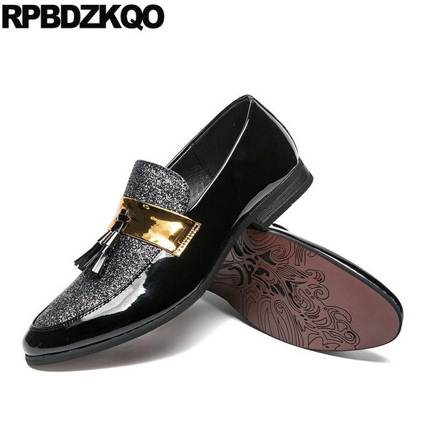 

dress shoes rivet tassel sequin stud metal oxfords silver glitter embroidery large size men designer leather loafers brogue velvet, Black