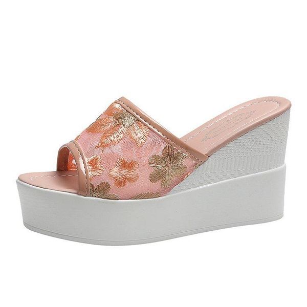 

slippers 2021 summer muffin thick bottom mesh flower cool women's fish mouth ultra-high heel lace wedge women shoes, Black