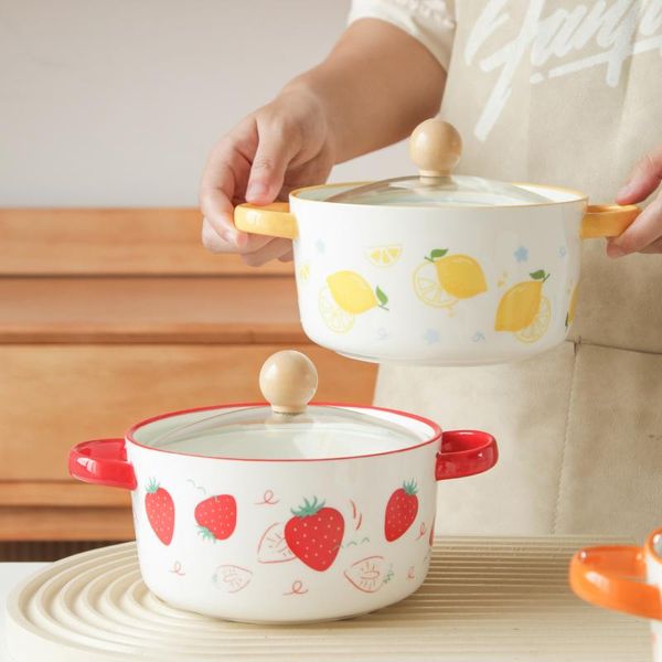 

bowls cute noodle bowl ceramic dry rice with lid handle lunch box microwaveable salad dessert plate gift cl90319