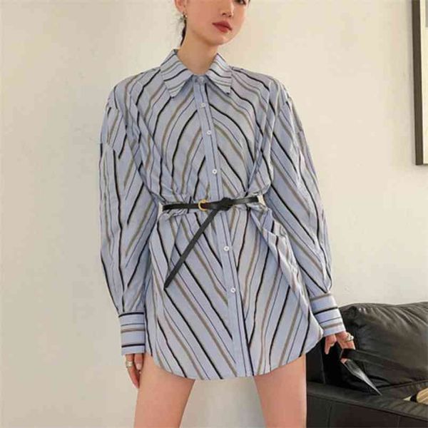 

streetwear summer women chic fashion striped with belt blouse femme elegant casual long sleeve lady shirt korean blusas 210514, White
