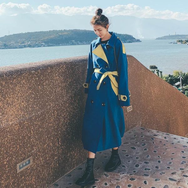 

women's trench coats brand coat double-breasted long lady duster female outerwear spring autumn clothes with belt, Tan;black