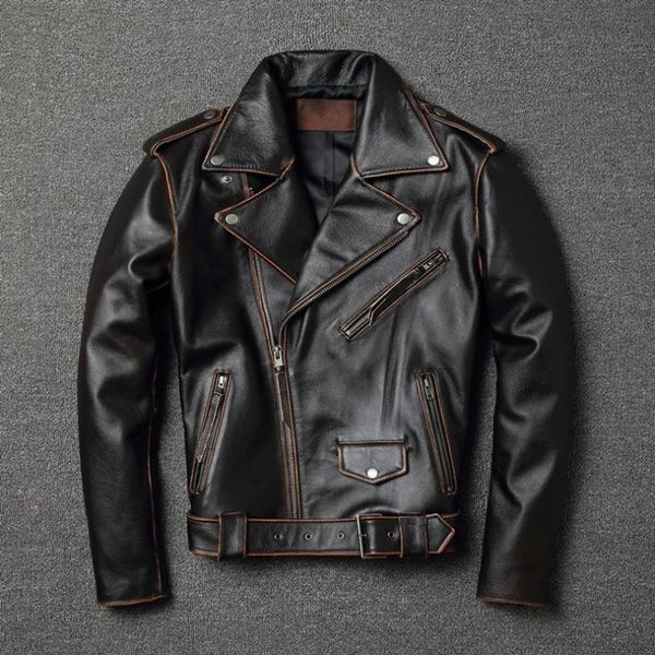 

men's leather & faux yr.sales.classic motor biker genuine jacket.slim cowhide coat.fashion vintage clothing.plus size, Black