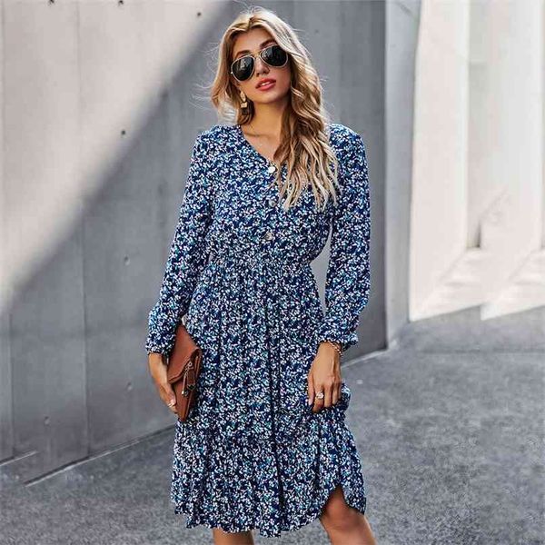 

vintage beach long sleeve ruffles dress for women summer women's button printed a-line midi dress female vestidos 210508, Black;gray