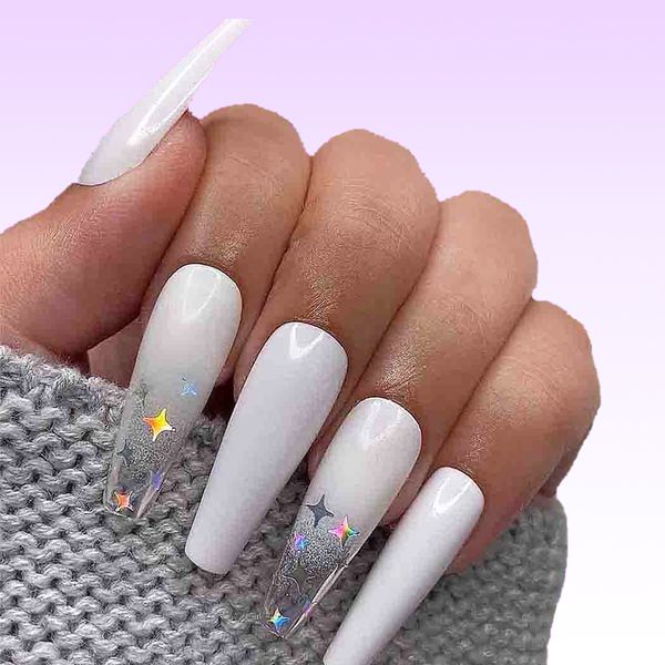 Laser Stars White Ombre Nails Press on Coffin Ballerina Gradient Fake Unhas Extra Longas Unhas Falsas Acrílico Halloween Christmas