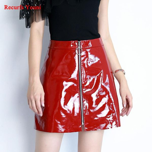 

skirts rys8338 stylish 2021 europen street wear genuine leather a-line mini skirt lady zipper fireshiny red/black 40 cm jupe