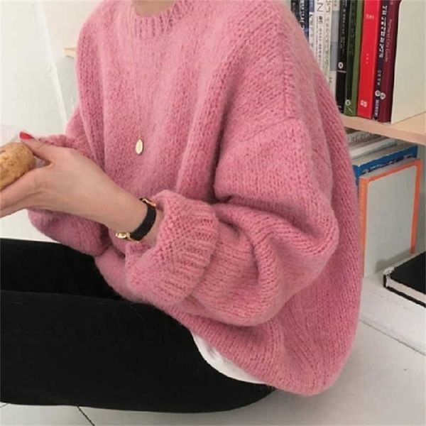 

10 colors pink women sweater pullover female knitting overszie long sleeve loose knitted outerwear womens winter sweaters 211025, White;black