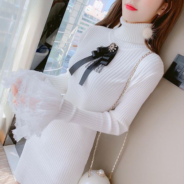 

casual dresses autumn winter women's flare long sleeves slim knitted sweater dress ladies bowknot patchwork lace high necked, Black;gray