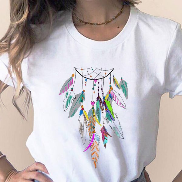 

45#modal retro flowers dream-catcher short sleeve ladies harajuku woman tshirts summer dress 2021 robe femme chemisiers women's t-shirt, White