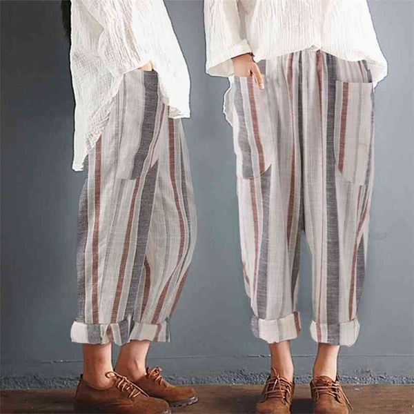 

plus size cotton linen trouser summer loose harem high waist stripe pocket pant casual pantalon female sweatpants trouser 210721, Black;white