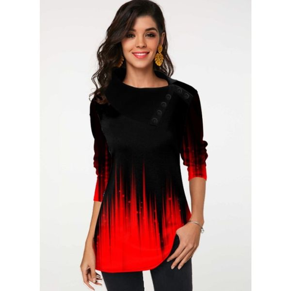 

gradient print lapel button long sleeve loose fashion t-shirt l-8091, White