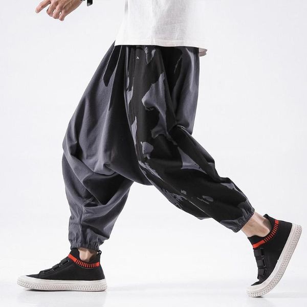 

men's pants harajuku linen wied leg trousers men loose drawstring ankle-length male printing streetwear jogging 5xl, Black