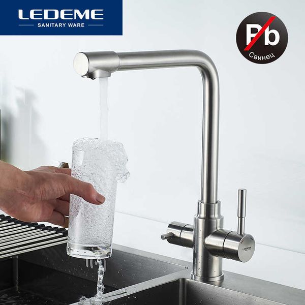 LEDEME Rubinetto da cucina con acqua filtrata Doppio beccuccio Depurazione dell'acqua Rubinetto da cucina in acciaio inox Miscelatore lavello Gru L4355-3 210724