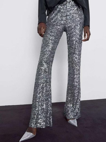 

vintage chic sequined long flare pants women elegant fashion elastic waist full length female party trousers women's & capris, Black;white