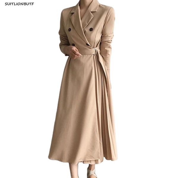 

casual dresses korean 2021 autumn women solid long dress notched sashes double breasted empire pleated sukienki elegant ladies vintage vesti, Black;gray