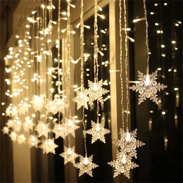 LED Snowflake Garland Acenda Curtaina Fada 2022 Ano Decorações de Natal para Casa sala de estar 16LED 211104