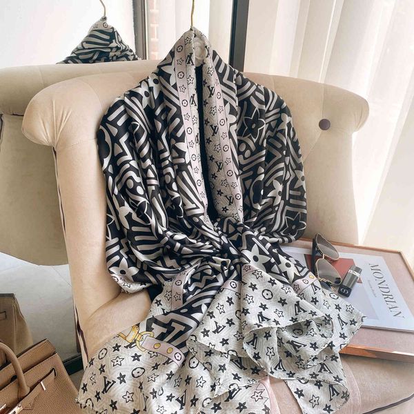 

70% off design scarf 2021 versatile geometric printing imitation silk spring and summer plain sunscreen long towel new silk satin decorative, Black;purple