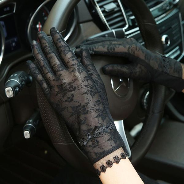 

spring women lace gloves lady summer sunscreen anti-uv slip-resistant driving transparent touch screen mittens five fingers, Blue;gray