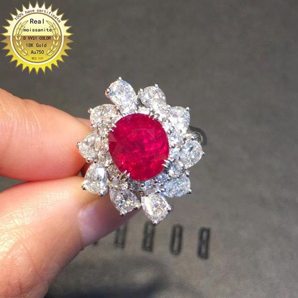 

cluster rings 10k gold ring lab created 2ct ruby and moissanite diamond with national certificate ru-005, Golden;silver