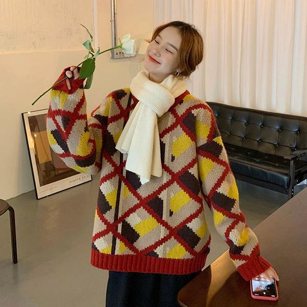 

vintage argyle loose jacquard christmas round collar pullovers woman sweater autumn winter fashion knitting female coat women's sweater, White;black