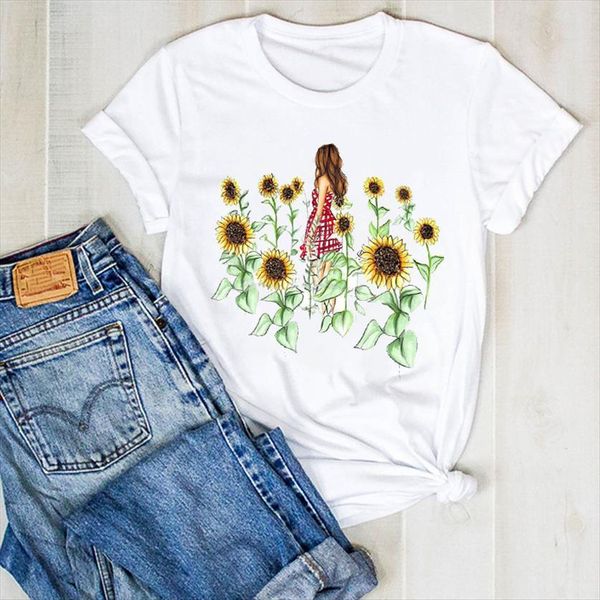 

cartoon sunflower girl watercolor women printed summer tee clothes graphic, White