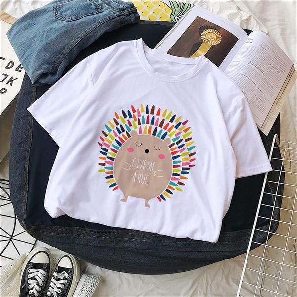 

spring summer style hedgehog womens t shirts give me a hug letter short sleeve round neck casual fashion, White