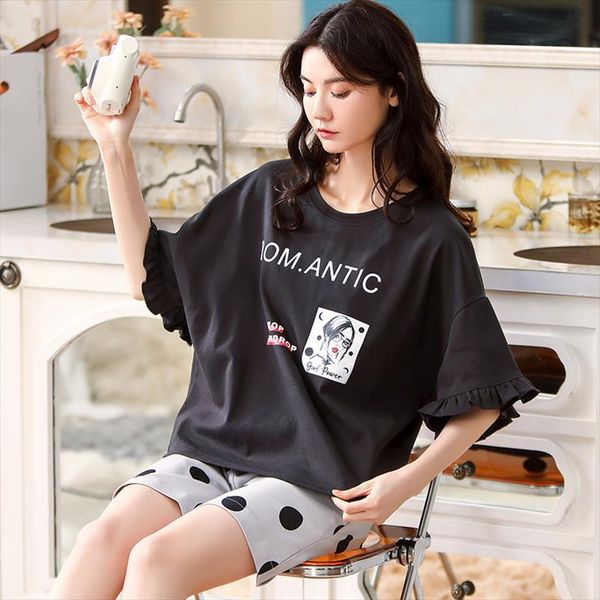 

summer black dots pajamas women sleepwear set sweet multiple styles homewear comfort cotton pijamas loose shorts pyjama, Black;red