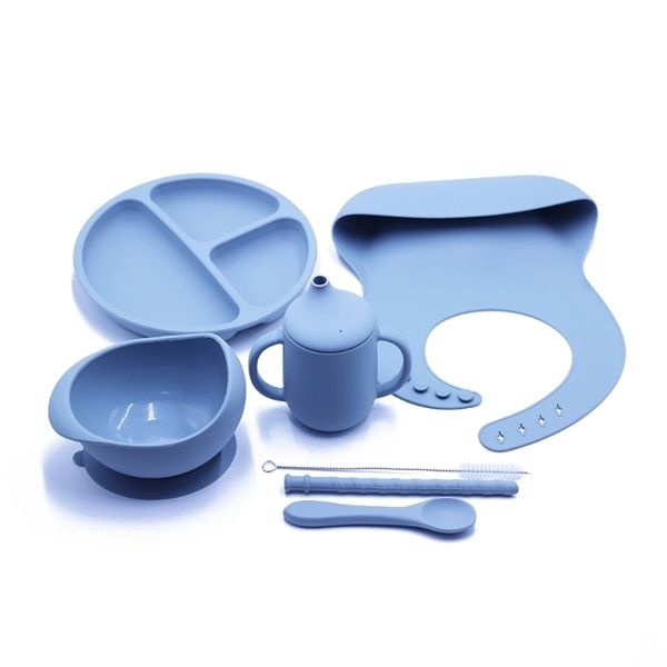 

7pcs/set bpa baby silicone tableware waterproof bib solid color dinner plate sucker bowl and spoon for children 211102