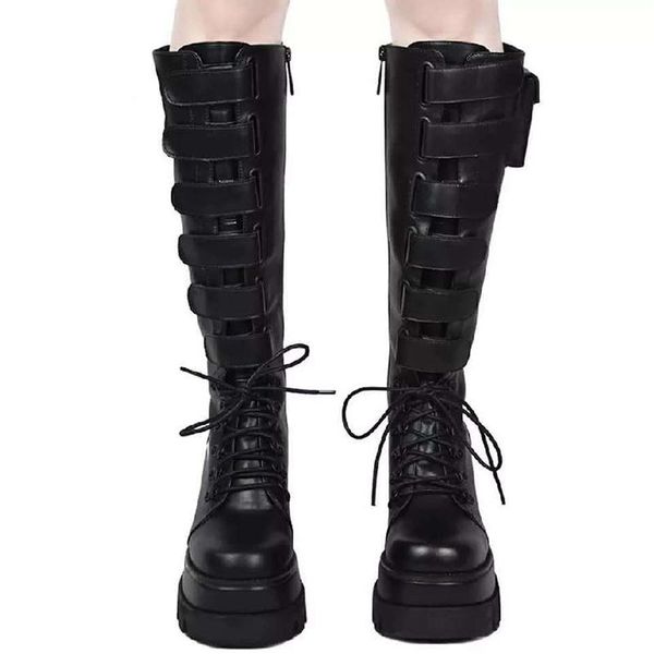 

boots large size handsome motorcycle mid-tube casual slope with lace-up high-rider punk style women's knee-length boot, Black