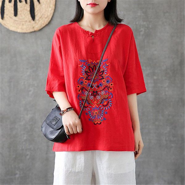 

plus size t-shirt aransue short sleeve cotton and linen women 2021 summer v-neck loose embroidery national style red top, Black
