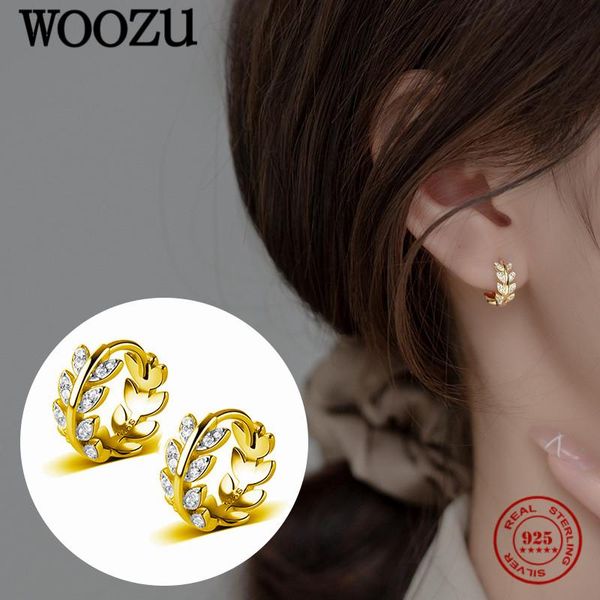 

hoop & huggie woozu european luxury branch leaf pave zircon earrings for women french rock ear buckle 925 sterling silver jewelry, Golden;silver